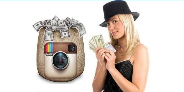 Un sacco di soldi con un logo Instagram e una ragazza con i soldi in mano