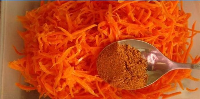 Carota grattugiata e un cucchiaio con le spezie