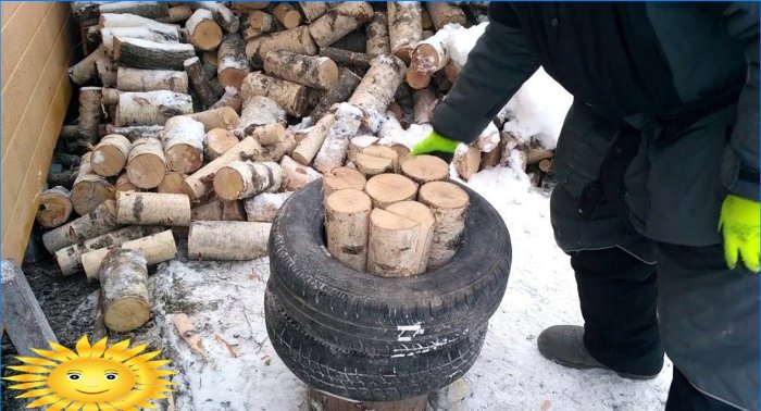 Tagliare legna da ardere con pneumatici