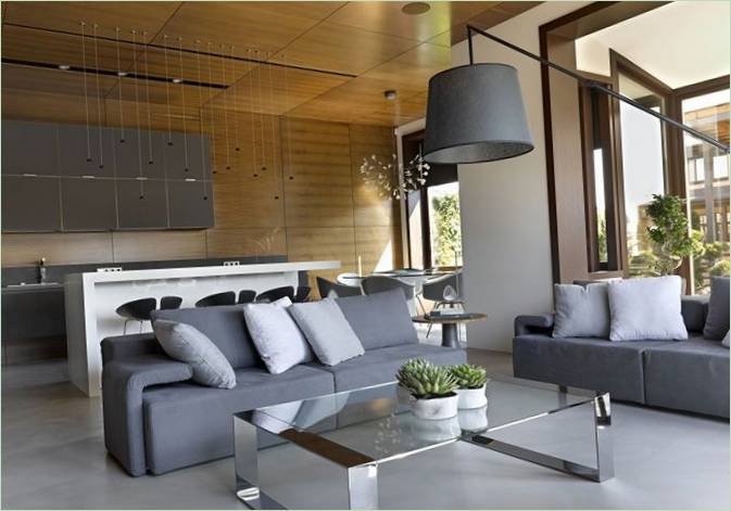 Design d'interni del soggiorno con pareti grigie