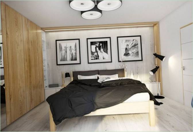 Arredamento della camera da letto con accenti neri in una casa di campagna nella Repubblica Ceca