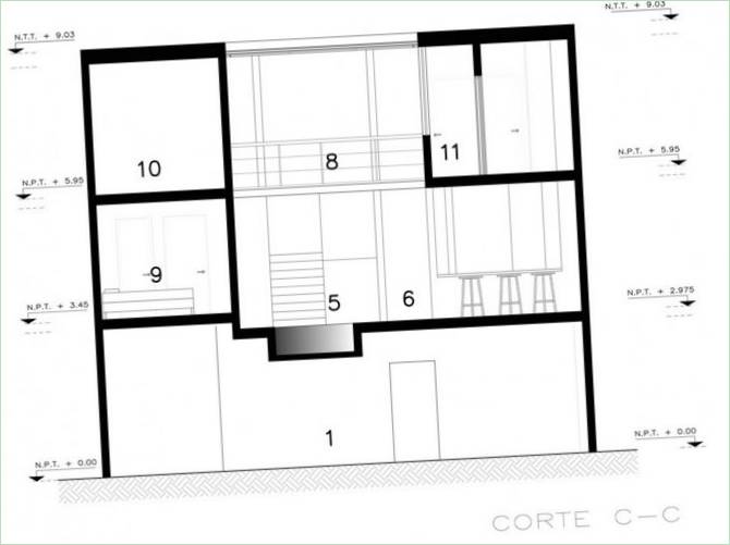 Lo schizzo qui sopra mostra l'area sociale: cucina con dispensa, appartamento e veranda aperta