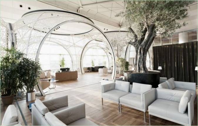 Sala d'aspetto dell'aeroporto: albero alto vicino ai sedili